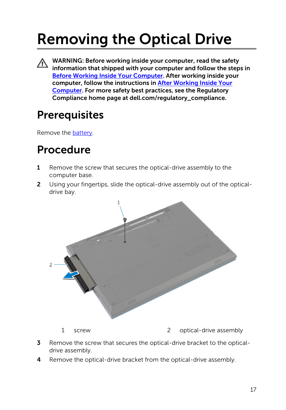 Removing the optical drive, Prerequisites, Procedure | Dell Inspiron 15 (3541, Mid 2014) User Manual | Page 17 / 97