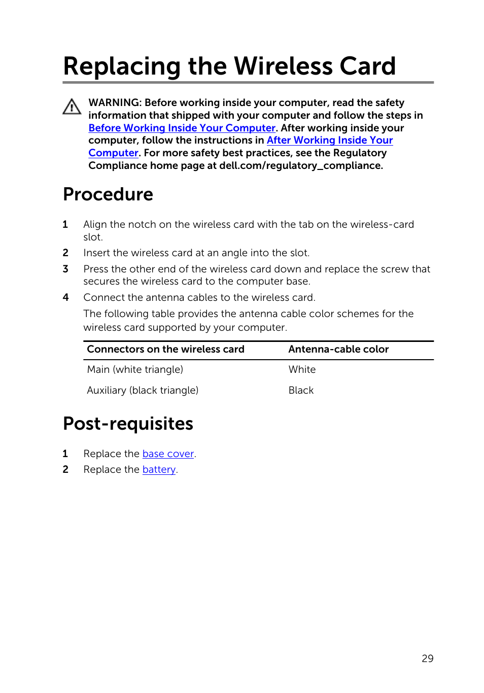 Replacing the wireless card, Procedure, Post-requisites | Dell Inspiron 15 (3541, Mid 2014) User Manual | Page 29 / 97