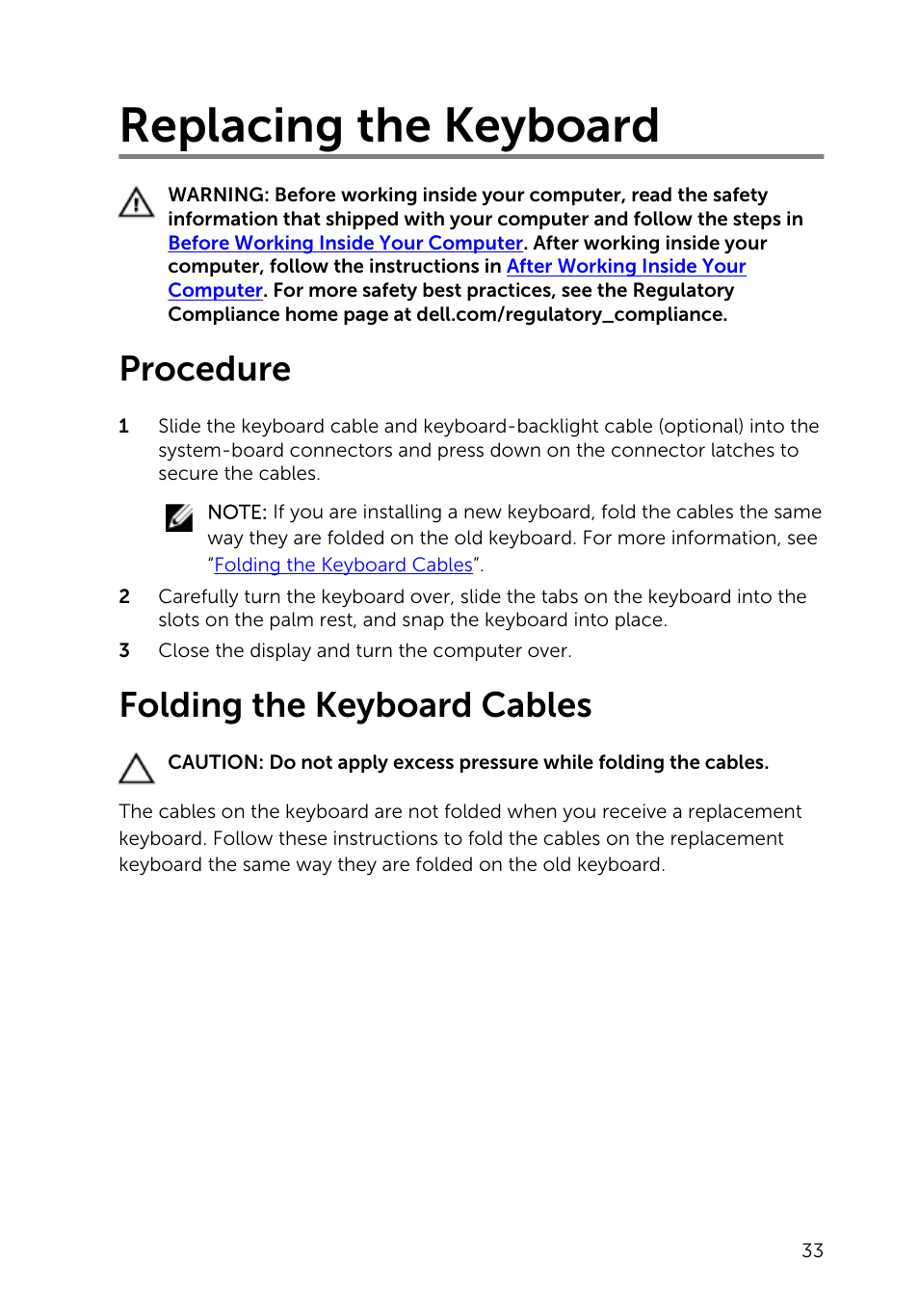 Replacing the keyboard, Procedure, Folding the keyboard cables | Dell Inspiron 15 (3541, Mid 2014) User Manual | Page 33 / 97