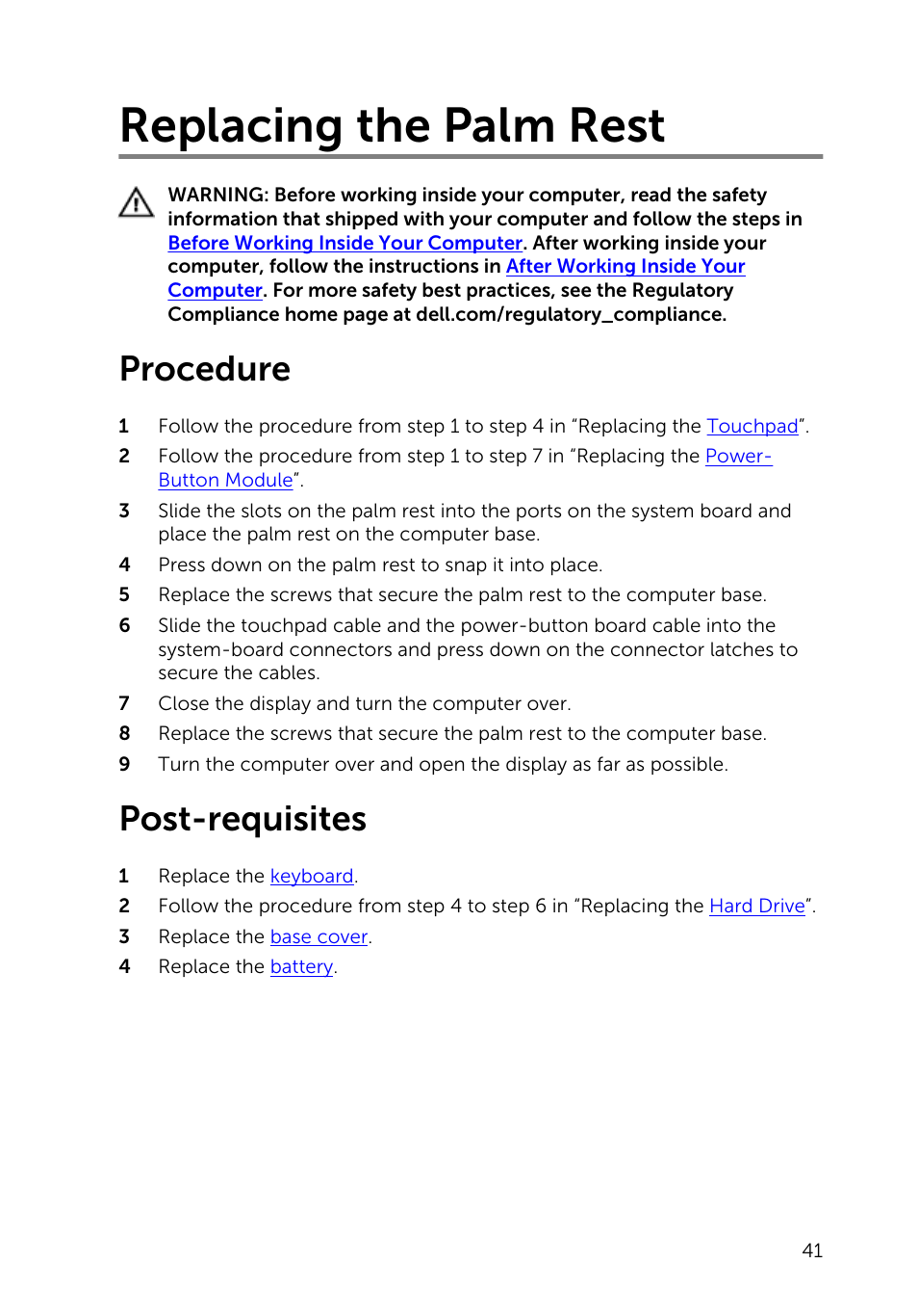 Replacing the palm rest, Procedure, Post-requisites | Dell Inspiron 15 (3541, Mid 2014) User Manual | Page 41 / 97