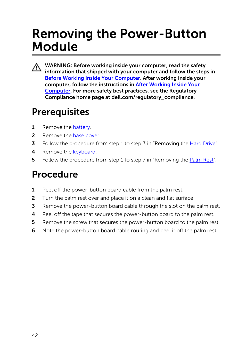 Removing the power-button module, Prerequisites, Procedure | Power, Button module | Dell Inspiron 15 (3541, Mid 2014) User Manual | Page 42 / 97