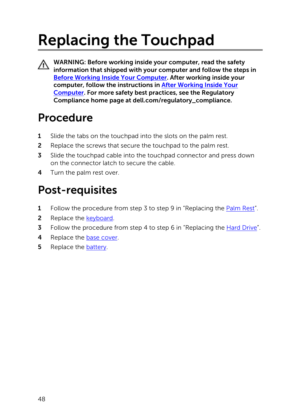 Replacing the touchpad, Procedure, Post-requisites | Touchpad | Dell Inspiron 15 (3541, Mid 2014) User Manual | Page 48 / 97