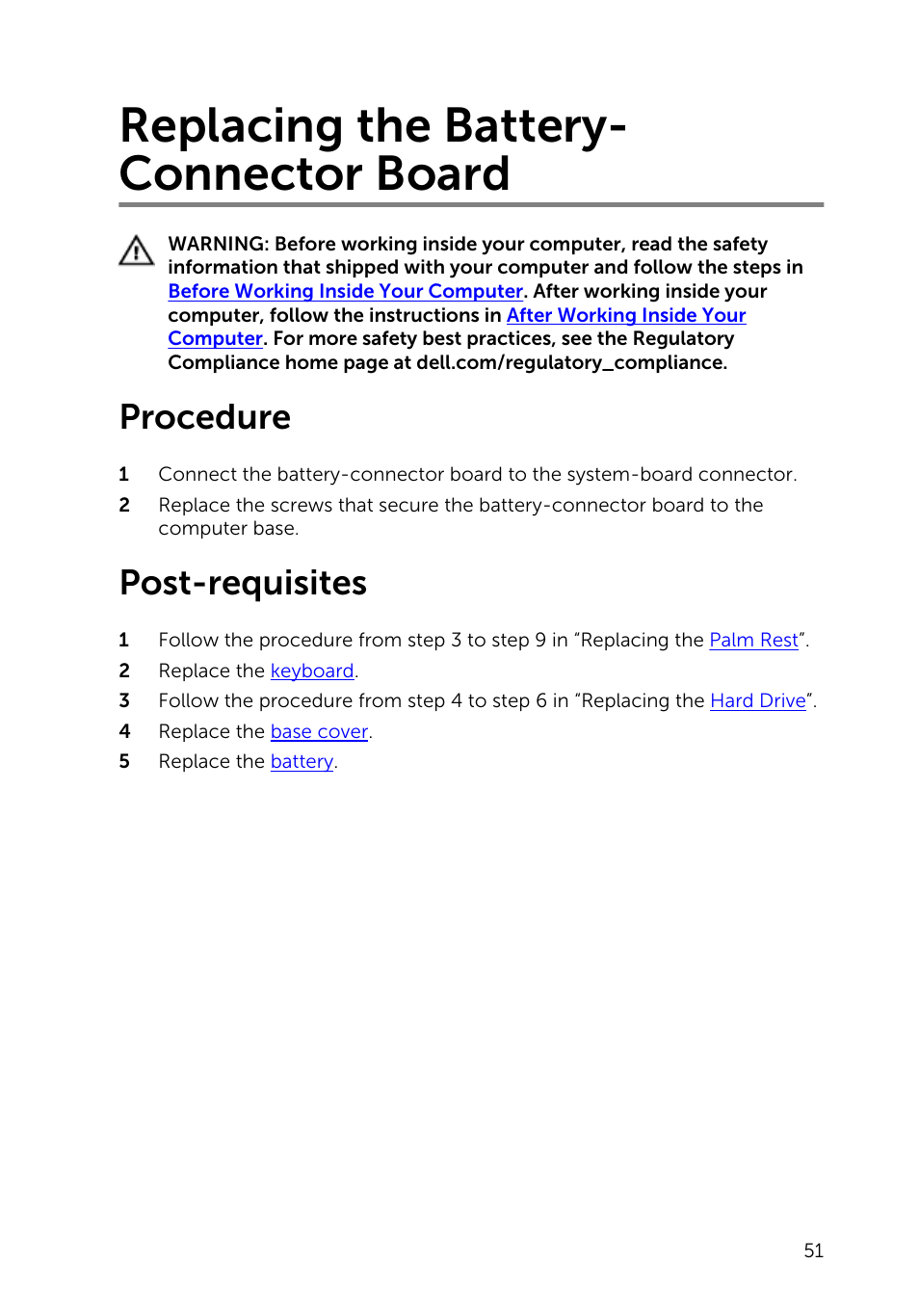 Replacing the battery-connector board, Procedure, Post-requisites | Replacing the battery- connector board | Dell Inspiron 15 (3541, Mid 2014) User Manual | Page 51 / 97