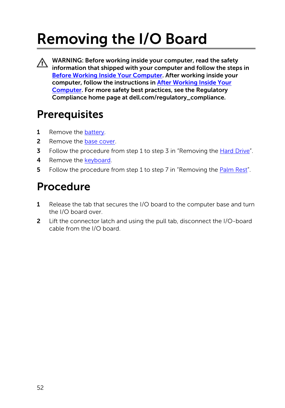 Removing the i/o board, Prerequisites, Procedure | Dell Inspiron 15 (3541, Mid 2014) User Manual | Page 52 / 97