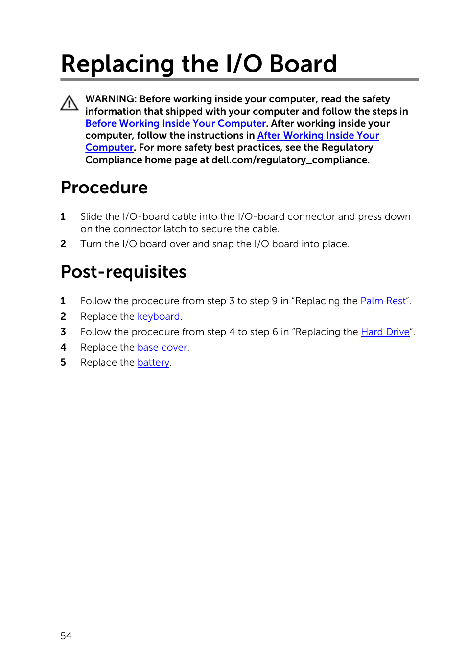 Replacing the i/o board, Procedure, Post-requisites | Dell Inspiron 15 (3541, Mid 2014) User Manual | Page 54 / 97