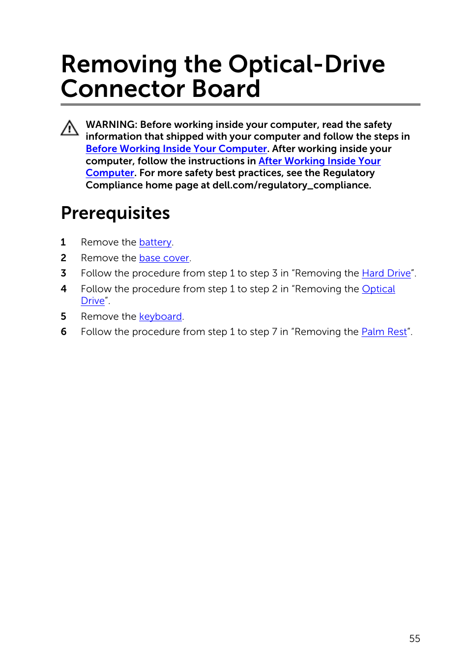 Removing the optical-drive connector board, Prerequisites | Dell Inspiron 15 (3541, Mid 2014) User Manual | Page 55 / 97