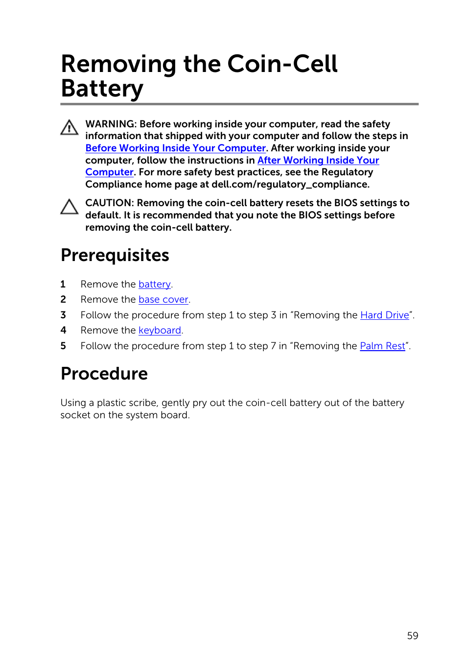 Removing the coin-cell battery, Prerequisites, Procedure | Dell Inspiron 15 (3541, Mid 2014) User Manual | Page 59 / 97