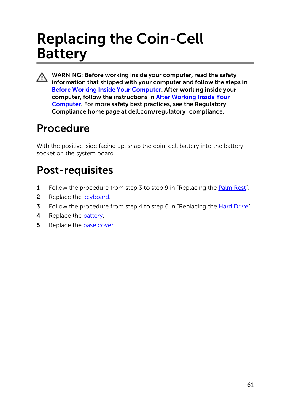 Replacing the coin-cell battery, Procedure, Post-requisites | Dell Inspiron 15 (3541, Mid 2014) User Manual | Page 61 / 97