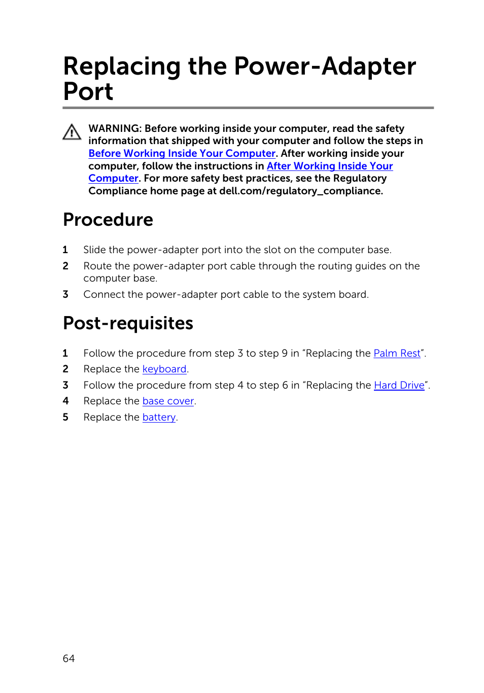 Replacing the power-adapter port, Procedure, Post-requisites | Dell Inspiron 15 (3541, Mid 2014) User Manual | Page 64 / 97