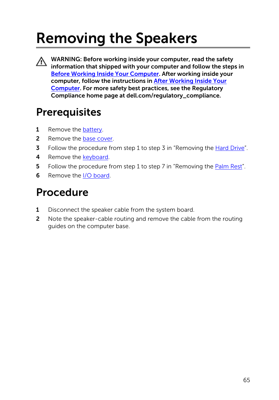 Removing the speakers, Prerequisites, Procedure | Dell Inspiron 15 (3541, Mid 2014) User Manual | Page 65 / 97