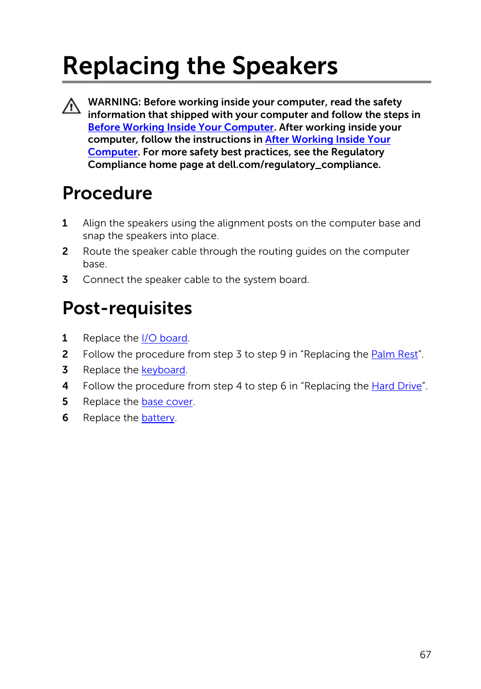 Replacing the speakers, Procedure, Post-requisites | Dell Inspiron 15 (3541, Mid 2014) User Manual | Page 67 / 97