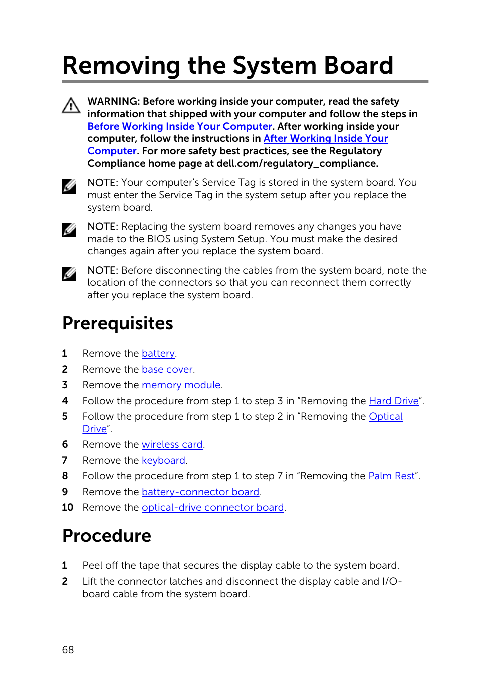 Removing the system board, Prerequisites, Procedure | Dell Inspiron 15 (3541, Mid 2014) User Manual | Page 68 / 97