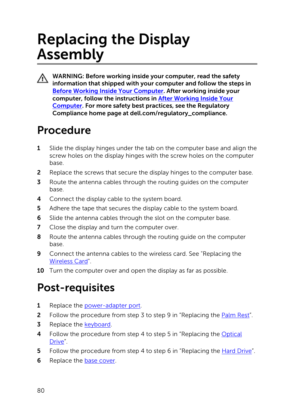 Replacing the display assembly, Procedure, Post-requisites | Dell Inspiron 15 (3541, Mid 2014) User Manual | Page 80 / 97