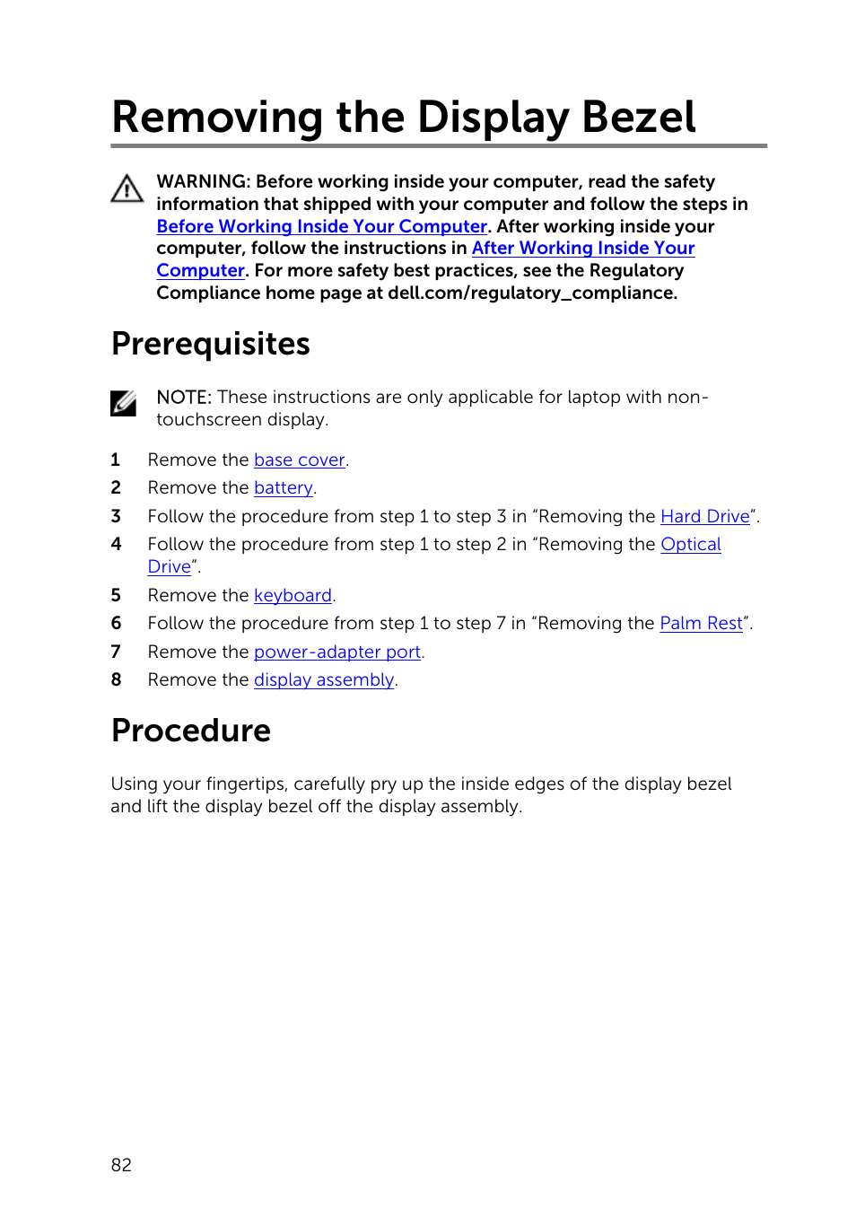 Removing the display bezel, Prerequisites, Procedure | Dell Inspiron 15 (3541, Mid 2014) User Manual | Page 82 / 97