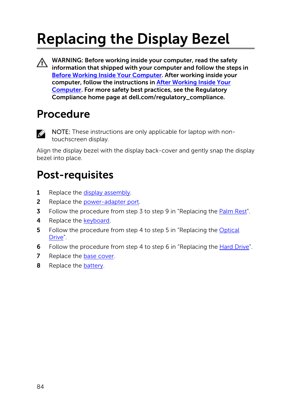 Replacing the display bezel, Procedure, Post-requisites | Dell Inspiron 15 (3541, Mid 2014) User Manual | Page 84 / 97