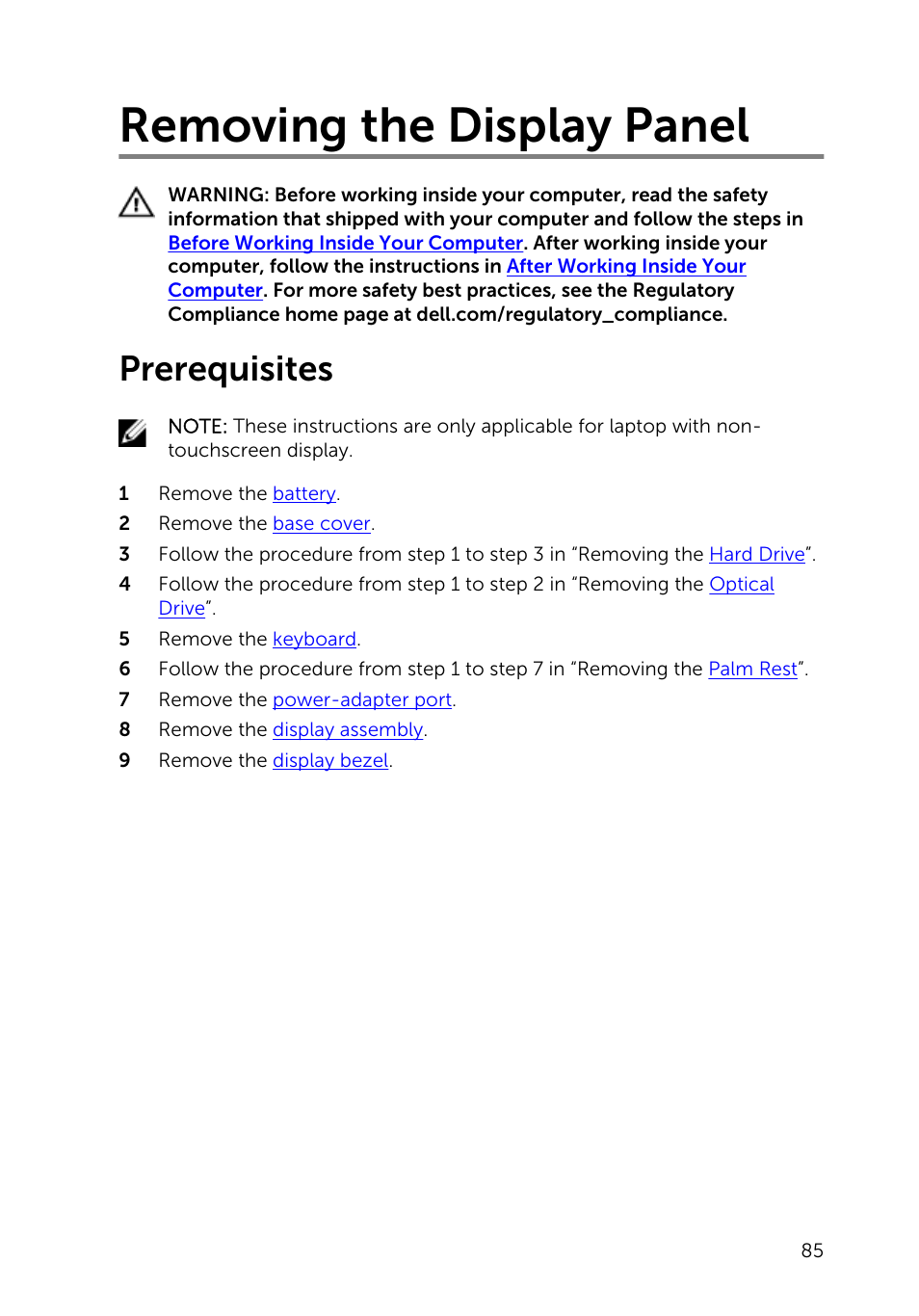 Removing the display panel, Prerequisites | Dell Inspiron 15 (3541, Mid 2014) User Manual | Page 85 / 97