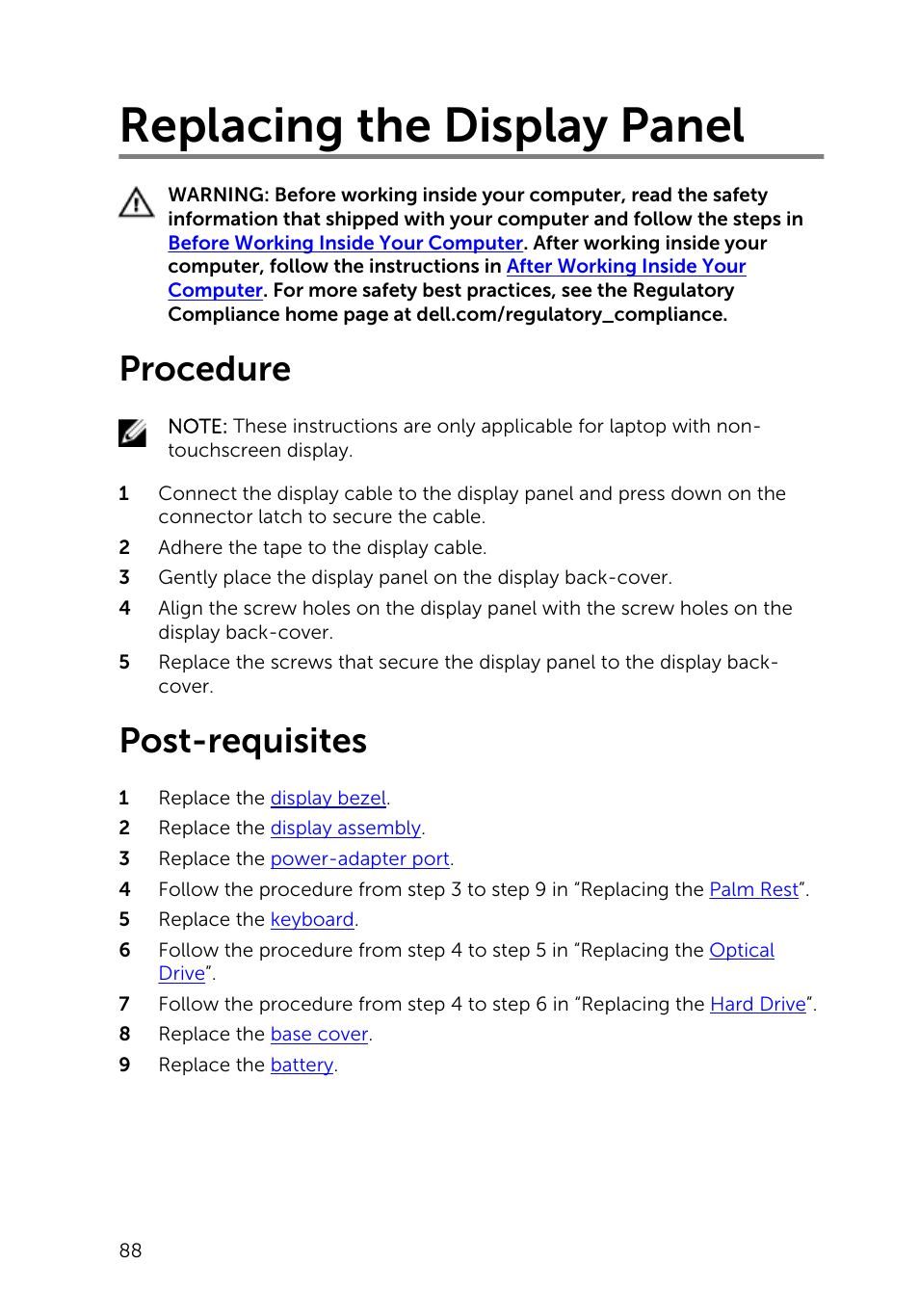 Replacing the display panel, Procedure, Post-requisites | Dell Inspiron 15 (3541, Mid 2014) User Manual | Page 88 / 97