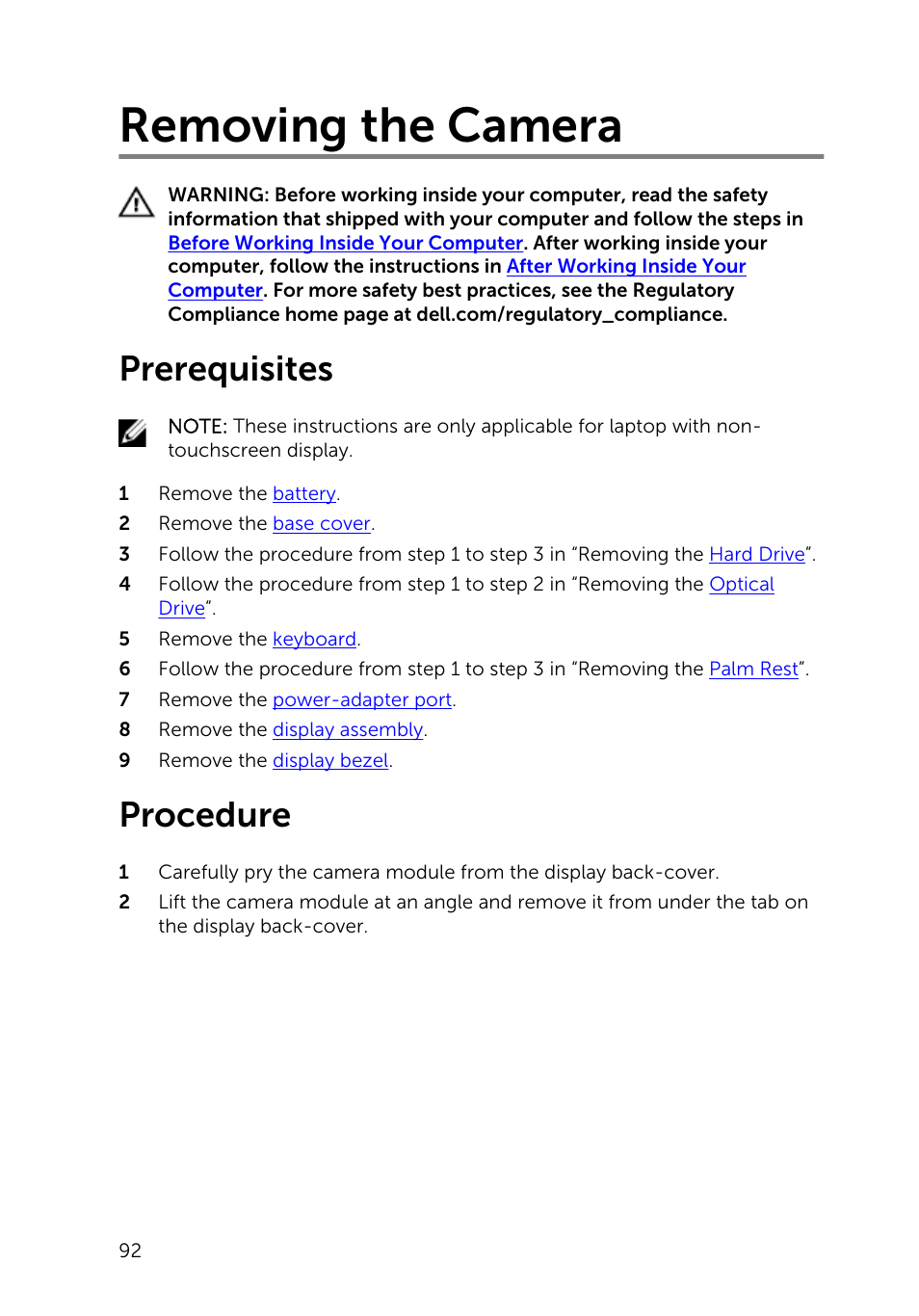 Removing the camera, Prerequisites, Procedure | Dell Inspiron 15 (3541, Mid 2014) User Manual | Page 92 / 97