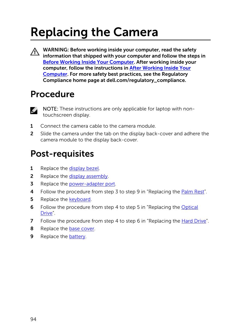 Replacing the camera, Procedure, Post-requisites | Dell Inspiron 15 (3541, Mid 2014) User Manual | Page 94 / 97