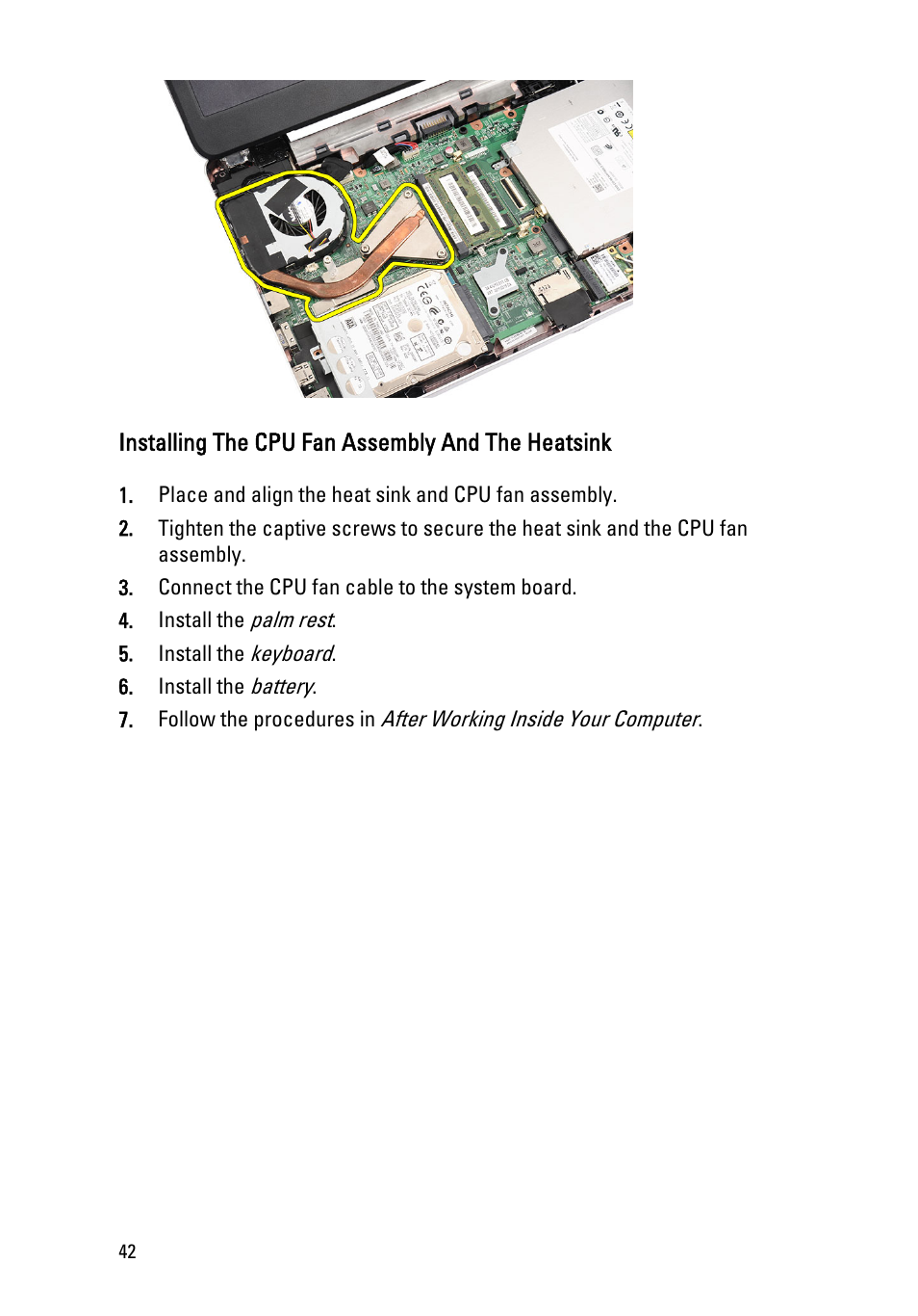 Installing the cpu fan assembly and the heatsink | Dell Vostro 1440 (Mid 2011) User Manual | Page 42 / 78