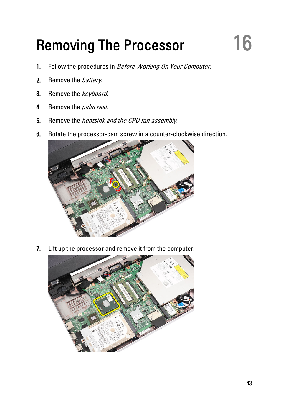 Removing the processor, 16 removing the processor | Dell Vostro 1440 (Mid 2011) User Manual | Page 43 / 78