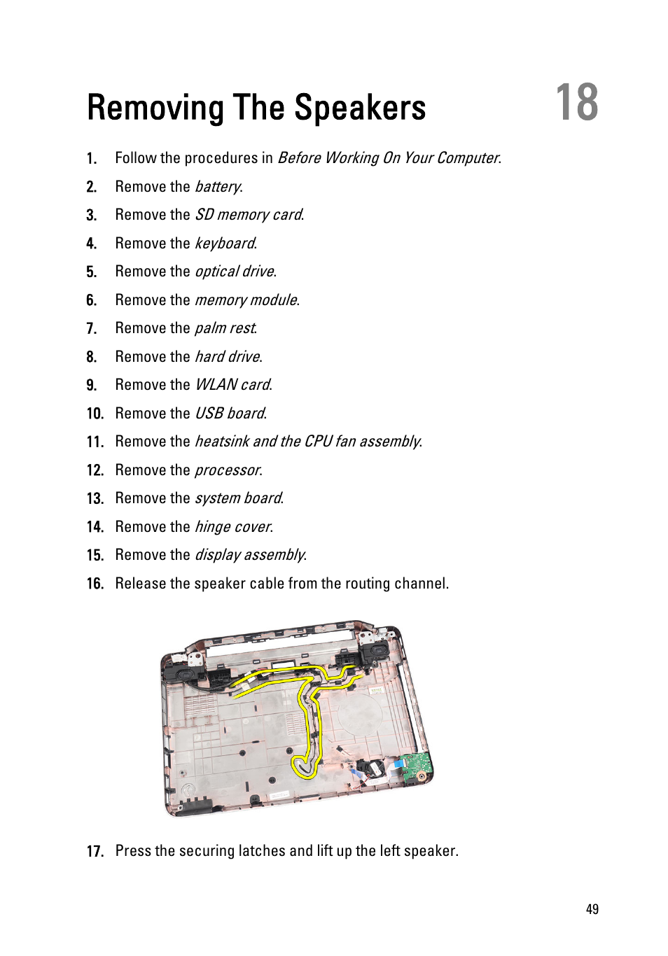 Removing the speakers, 18 removing the speakers | Dell Vostro 1440 (Mid 2011) User Manual | Page 49 / 78