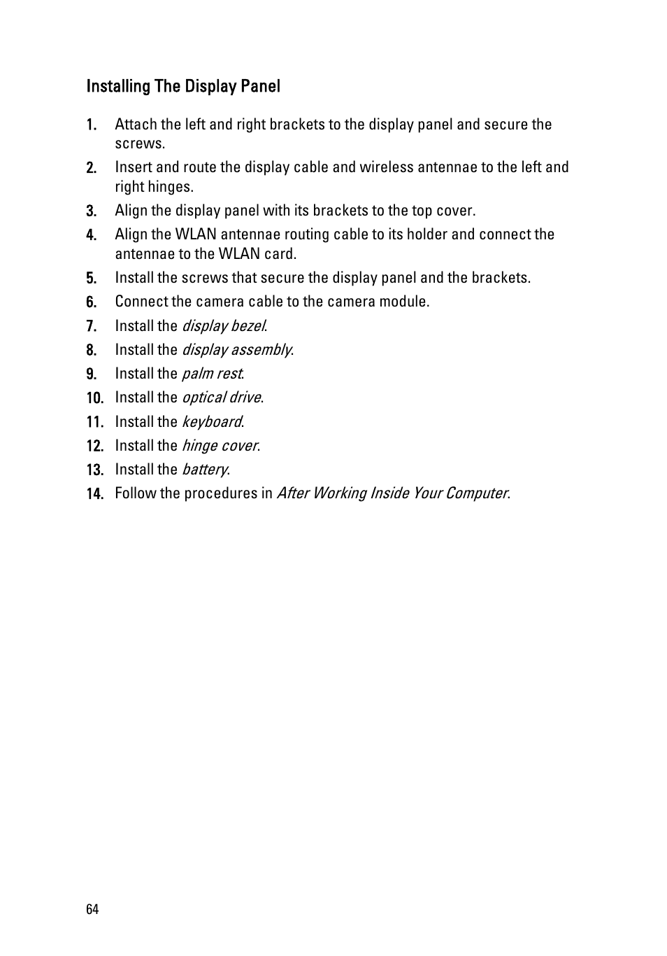 Installing the display panel | Dell Vostro 1440 (Mid 2011) User Manual | Page 64 / 78