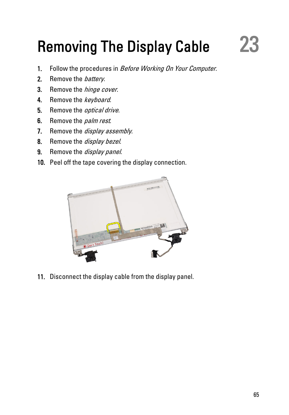 Removing the display cable, 23 removing the display cable | Dell Vostro 1440 (Mid 2011) User Manual | Page 65 / 78