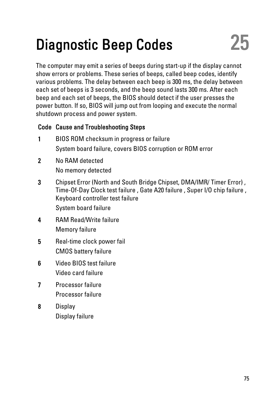 Diagnostic beep codes, 25 diagnostic beep codes | Dell Vostro 1440 (Mid 2011) User Manual | Page 75 / 78