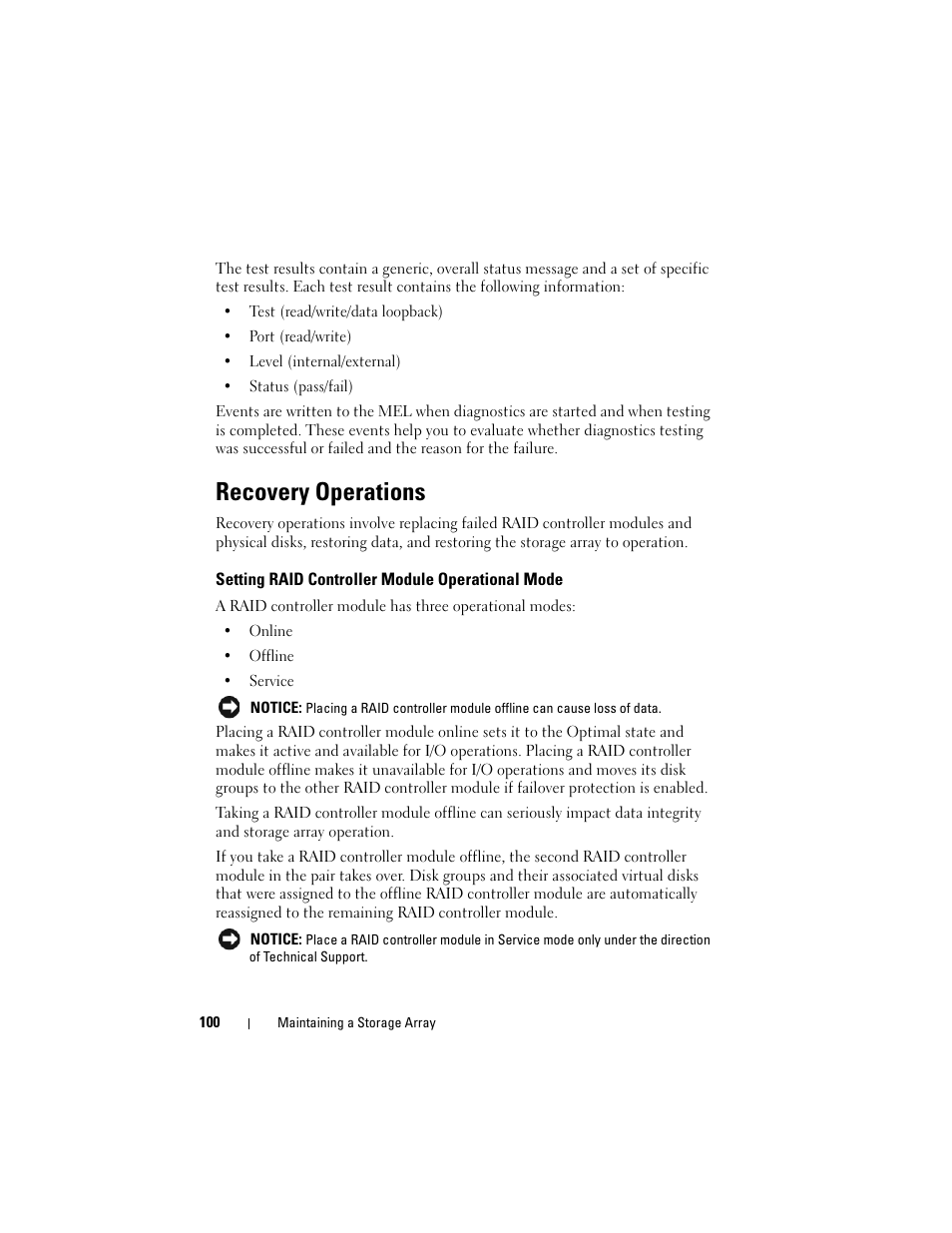 Recovery operations, Setting raid controller module operational mode | Dell PowerVault MD3000 User Manual | Page 100 / 246