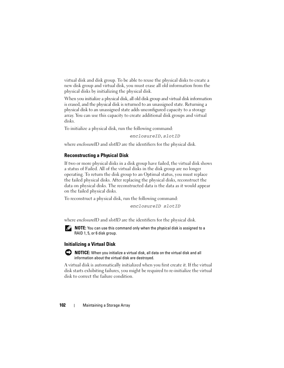 Reconstructing a physical disk, Initializing a virtual disk | Dell PowerVault MD3000 User Manual | Page 102 / 246