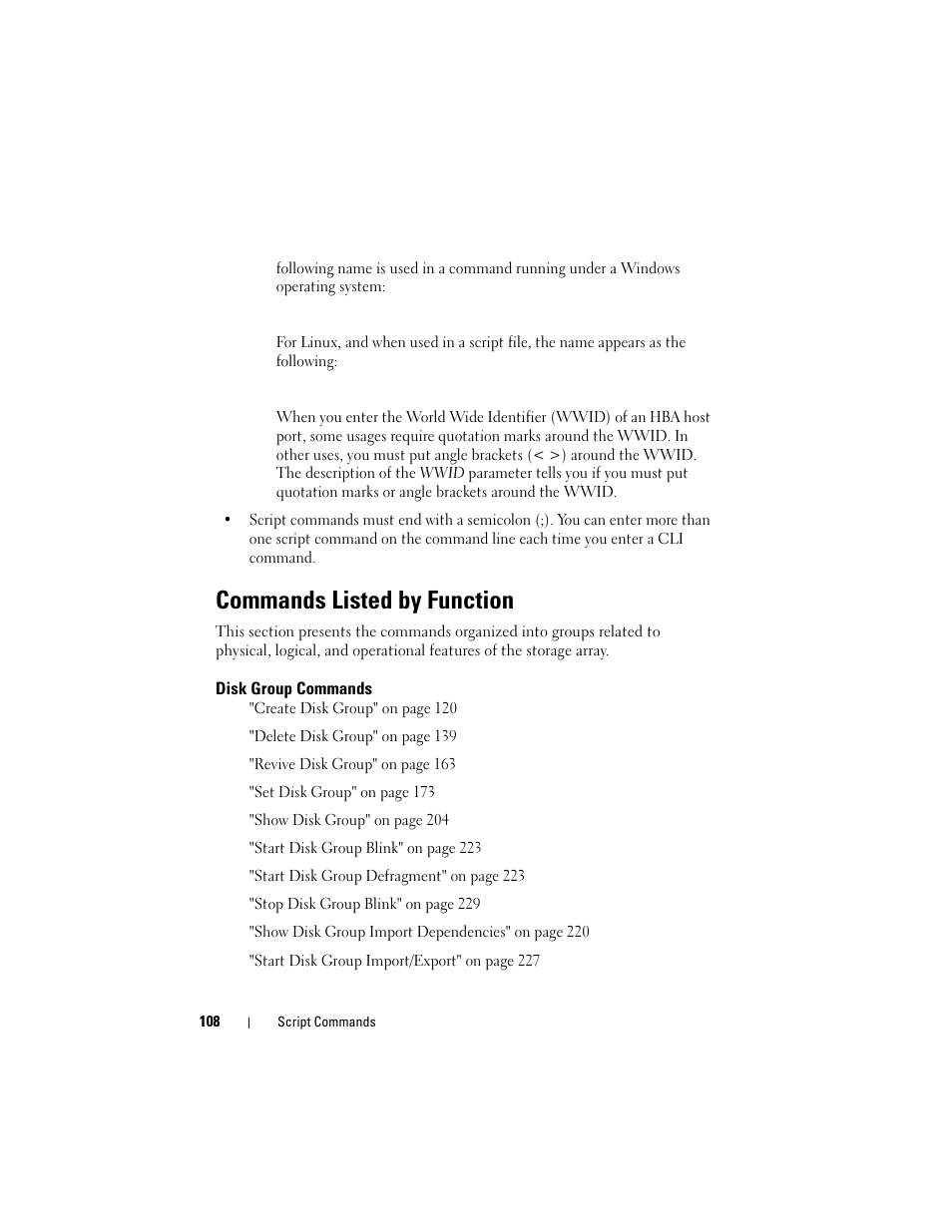 Commands listed by function, Disk group commands | Dell PowerVault MD3000 User Manual | Page 108 / 246