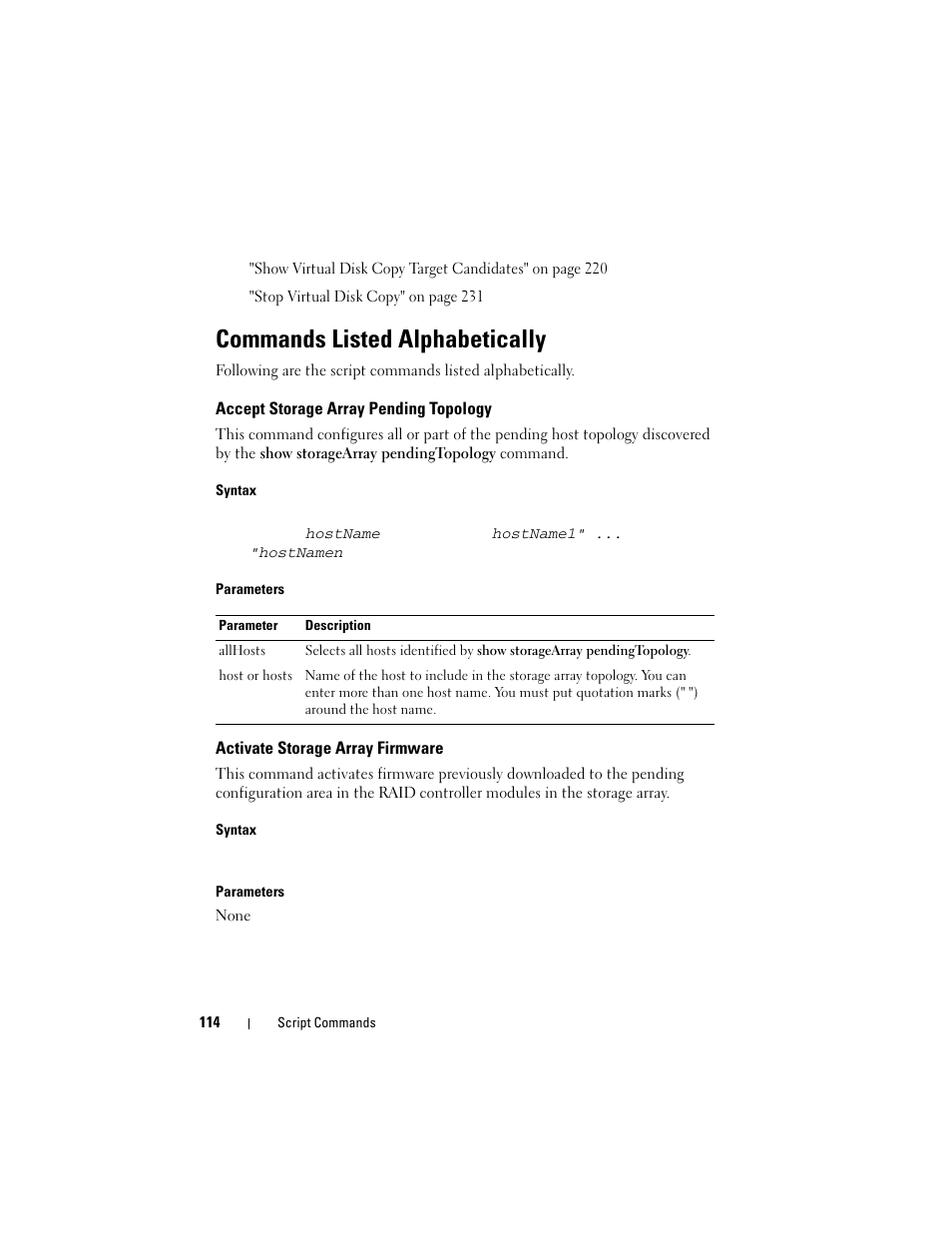 Commands listed alphabetically, Accept storage array pending topology, Activate storage array firmware | Dell PowerVault MD3000 User Manual | Page 114 / 246