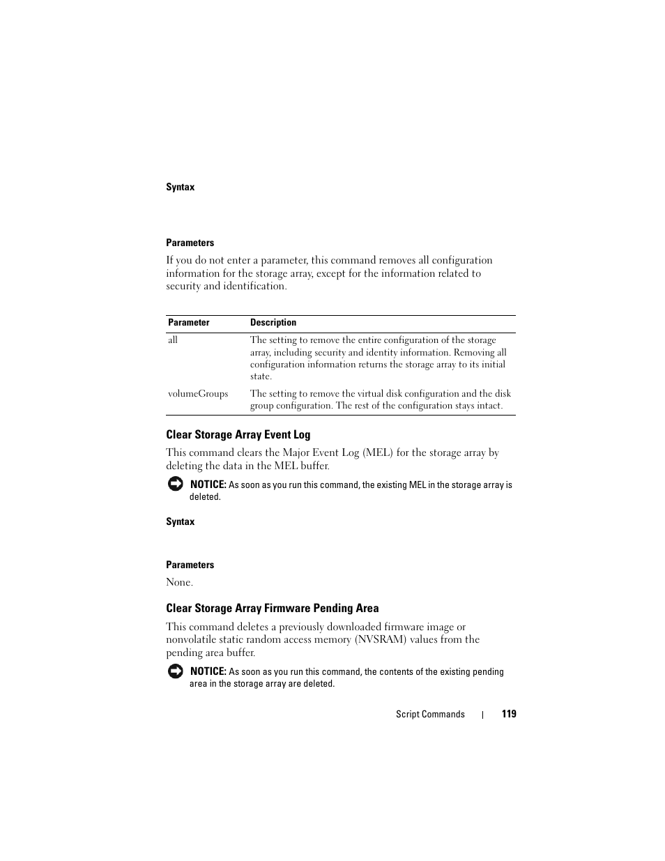 Clear storage array event log, Clear storage array firmware pending area | Dell PowerVault MD3000 User Manual | Page 119 / 246