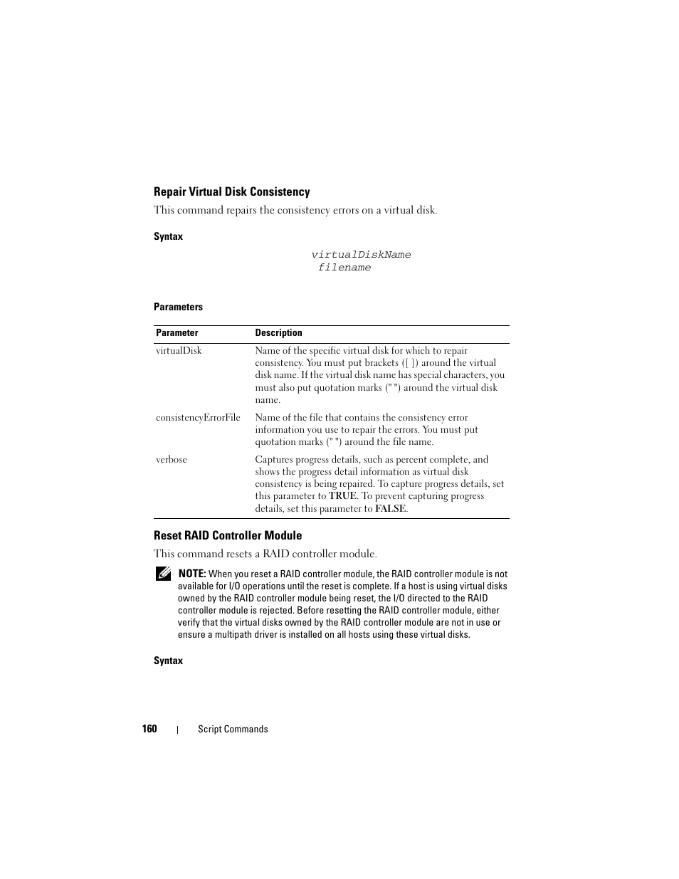 Repair virtual disk consistency, Reset raid controller module | Dell PowerVault MD3000 User Manual | Page 160 / 246