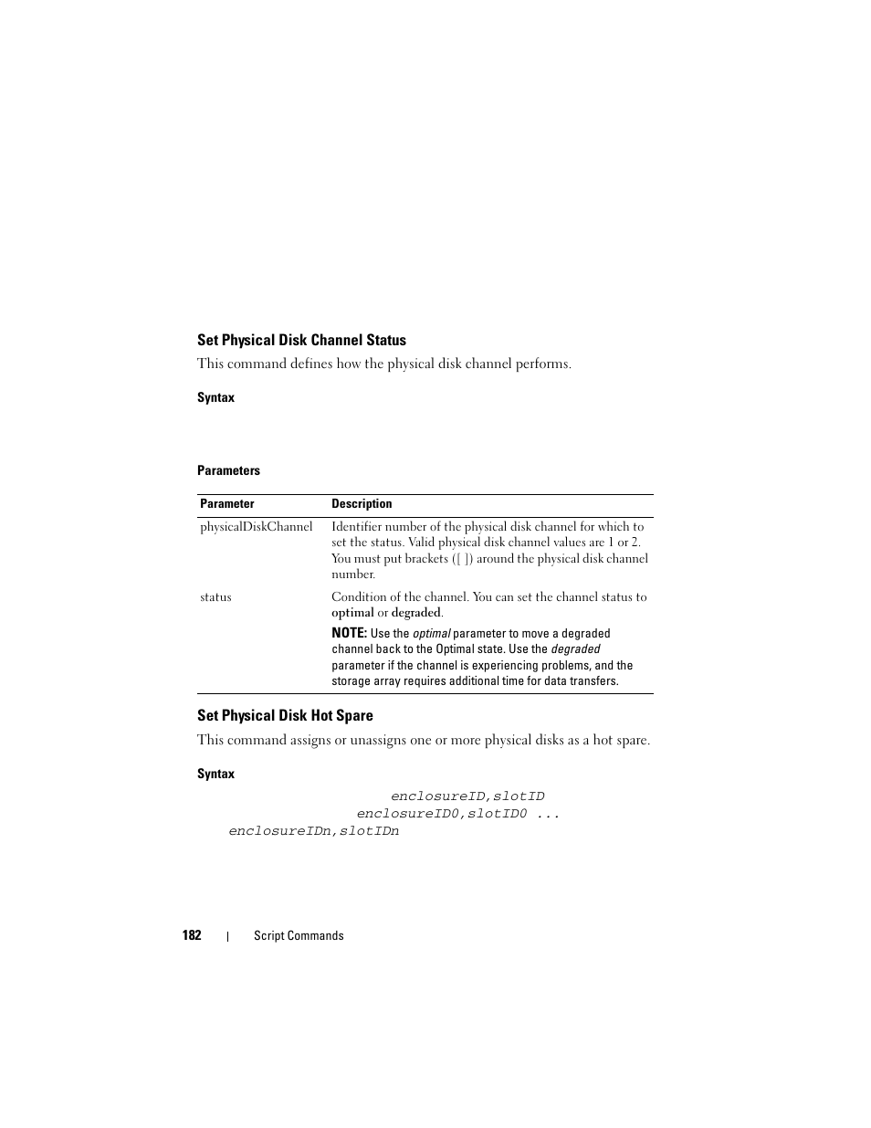 Set physical disk channel status, Set physical disk hot spare | Dell PowerVault MD3000 User Manual | Page 182 / 246