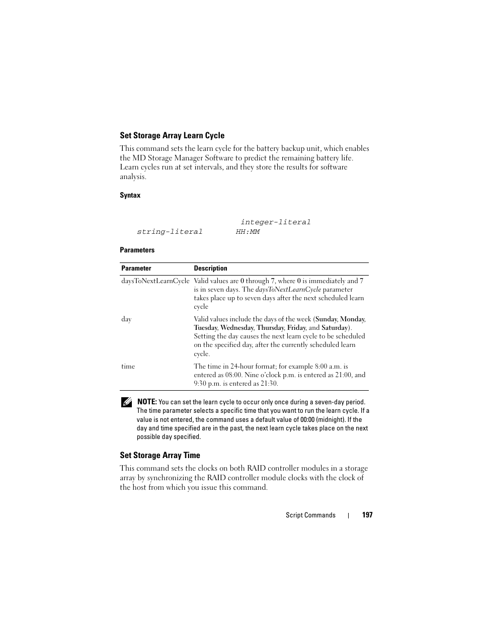 Set storage array learn cycle, Set storage array time | Dell PowerVault MD3000 User Manual | Page 197 / 246