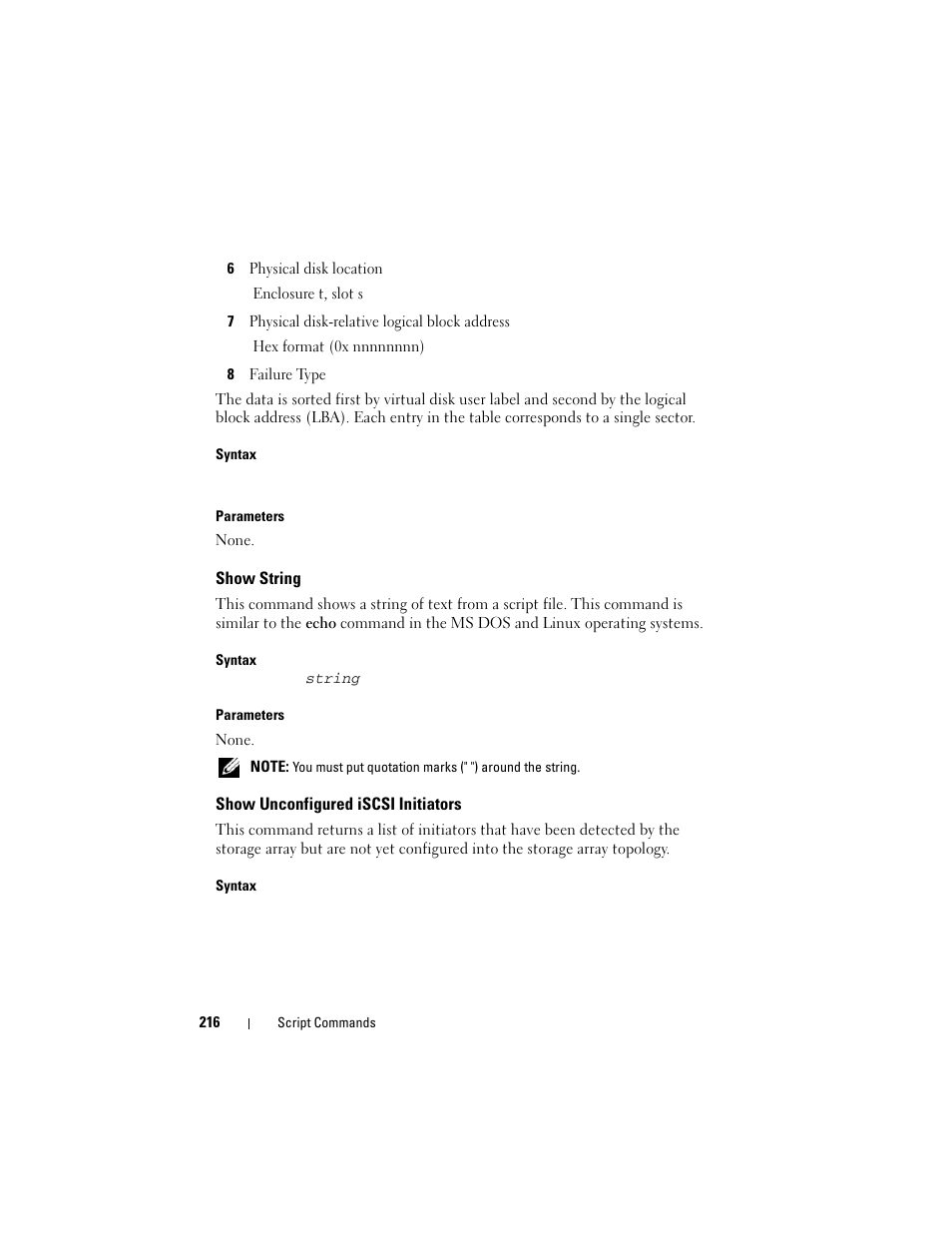 Show string, Show unconfigured iscsi initiators | Dell PowerVault MD3000 User Manual | Page 216 / 246