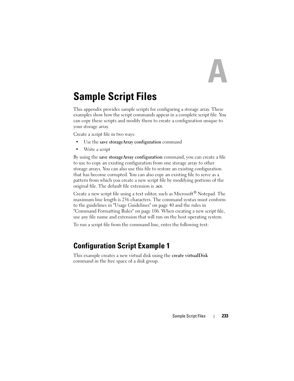 Sample script files, Configuration script example 1 | Dell PowerVault MD3000 User Manual | Page 233 / 246