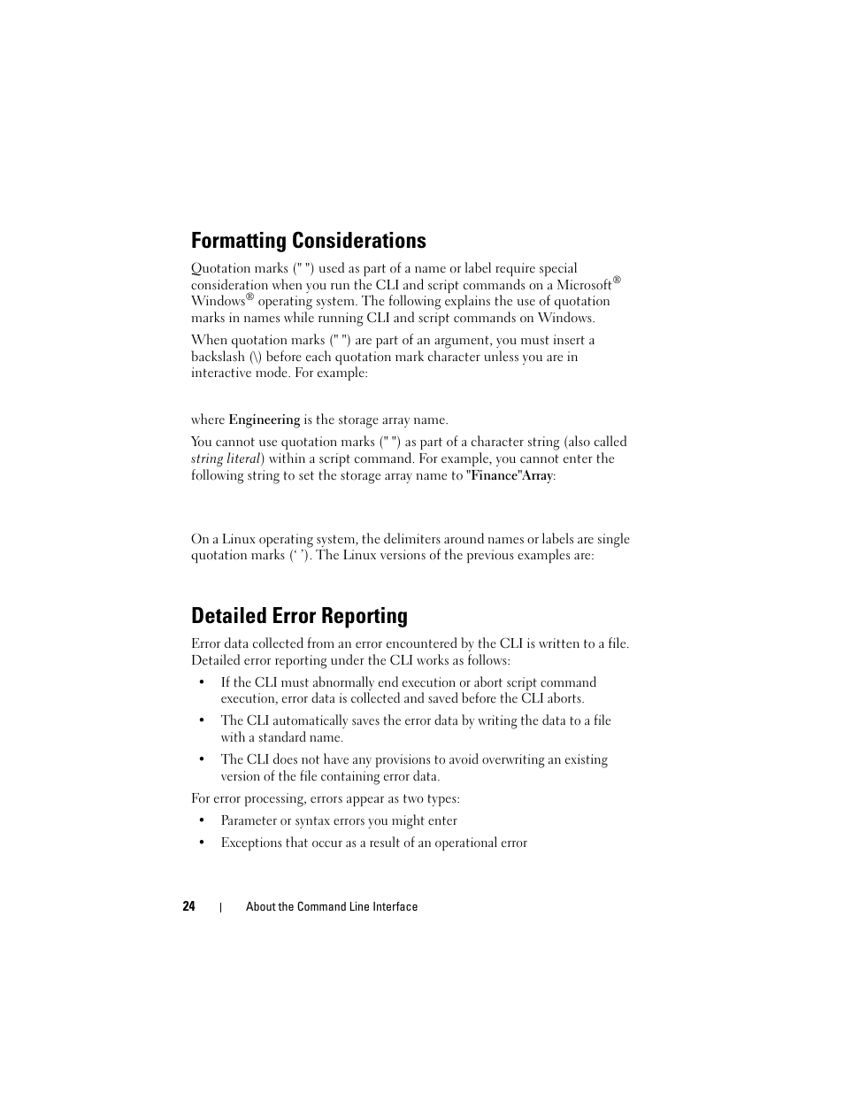 Formatting considerations, Detailed error reporting | Dell PowerVault MD3000 User Manual | Page 24 / 246