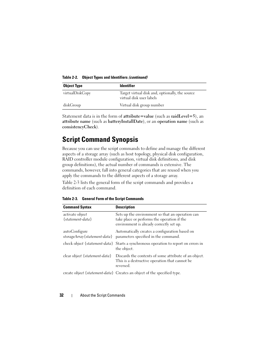 Script command synopsis | Dell PowerVault MD3000 User Manual | Page 32 / 246