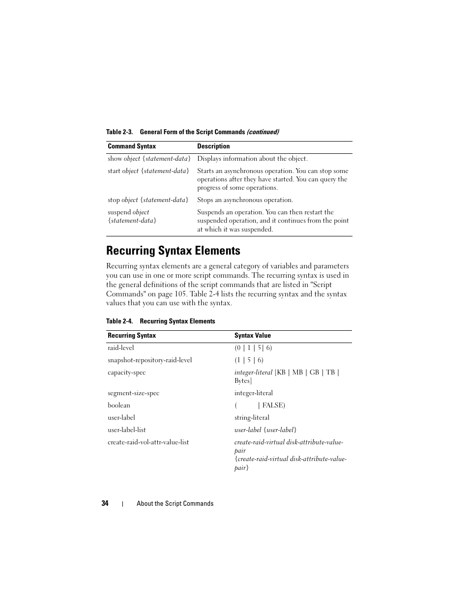 Recurring syntax elements | Dell PowerVault MD3000 User Manual | Page 34 / 246
