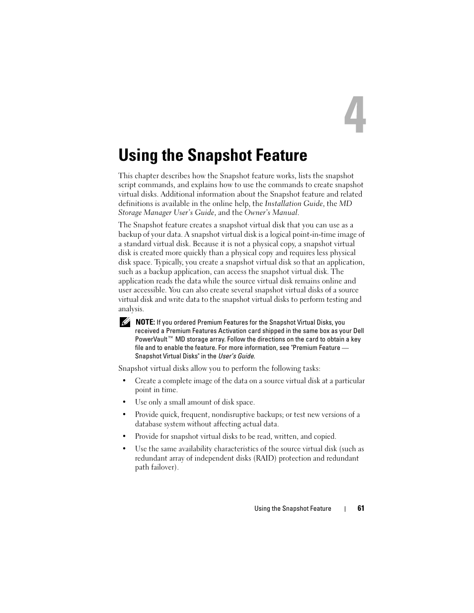 Using the snapshot feature | Dell PowerVault MD3000 User Manual | Page 61 / 246
