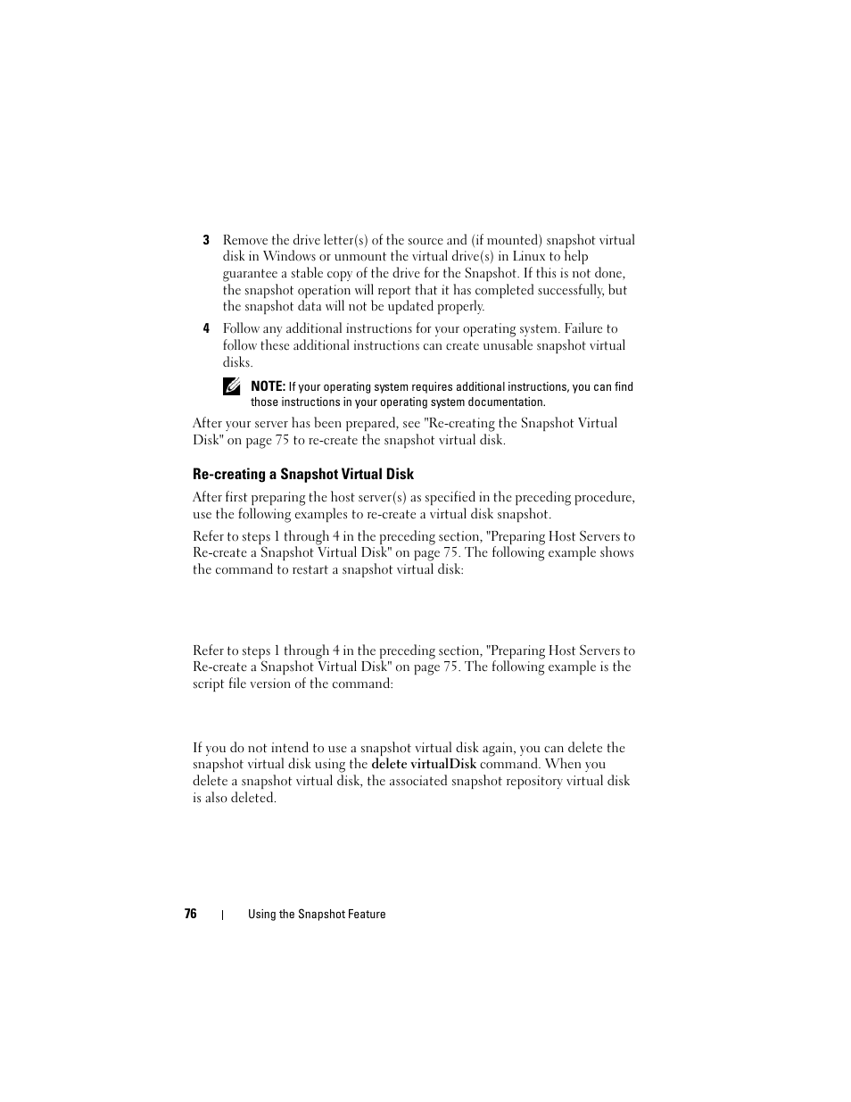 Re-creating a snapshot virtual disk | Dell PowerVault MD3000 User Manual | Page 76 / 246