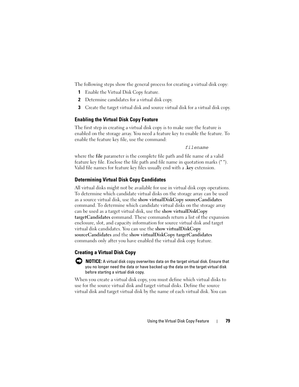 Enabling the virtual disk copy feature, Determining virtual disk copy candidates, Creating a virtual disk copy | Dell PowerVault MD3000 User Manual | Page 79 / 246