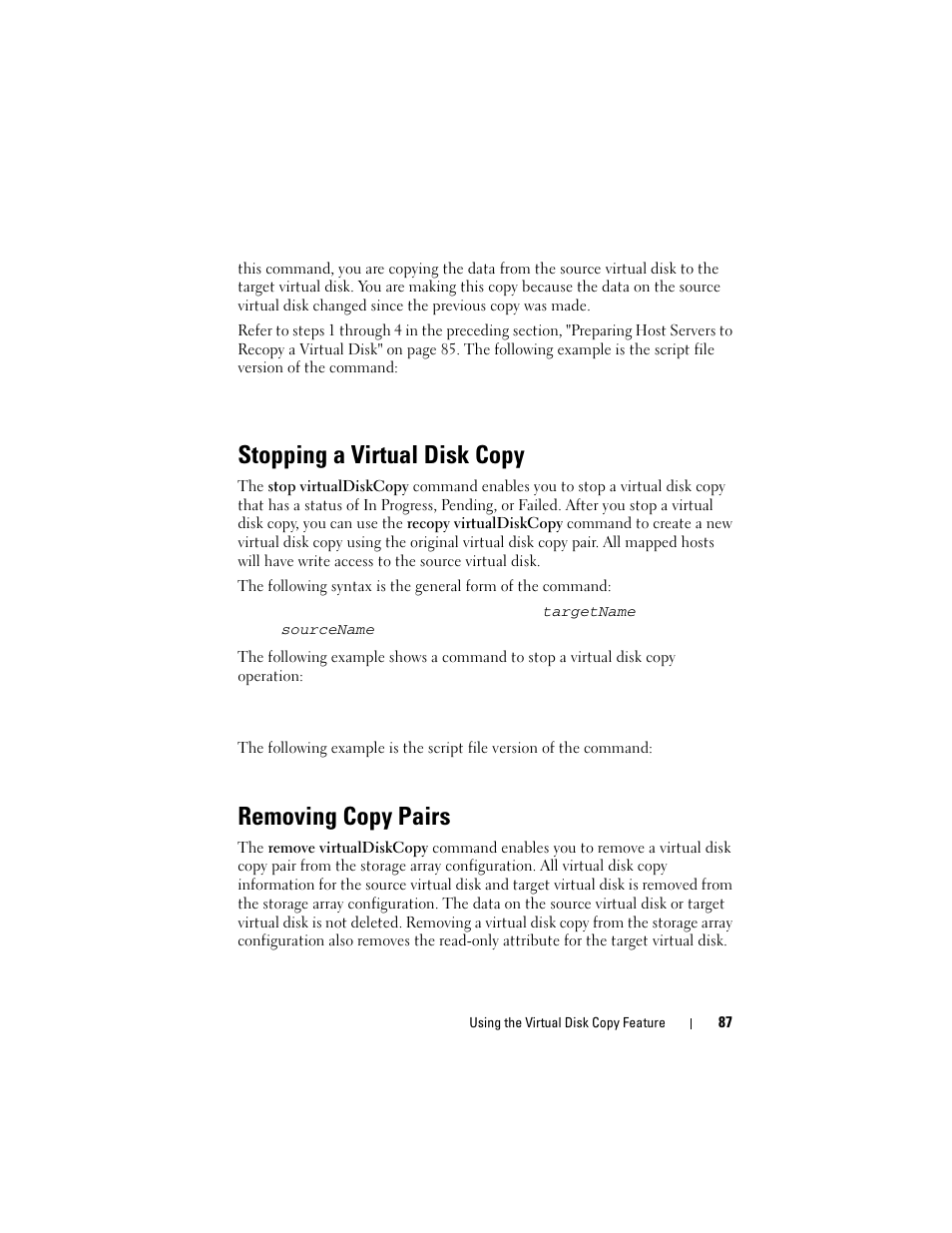 Stopping a virtual disk copy, Removing copy pairs | Dell PowerVault MD3000 User Manual | Page 87 / 246