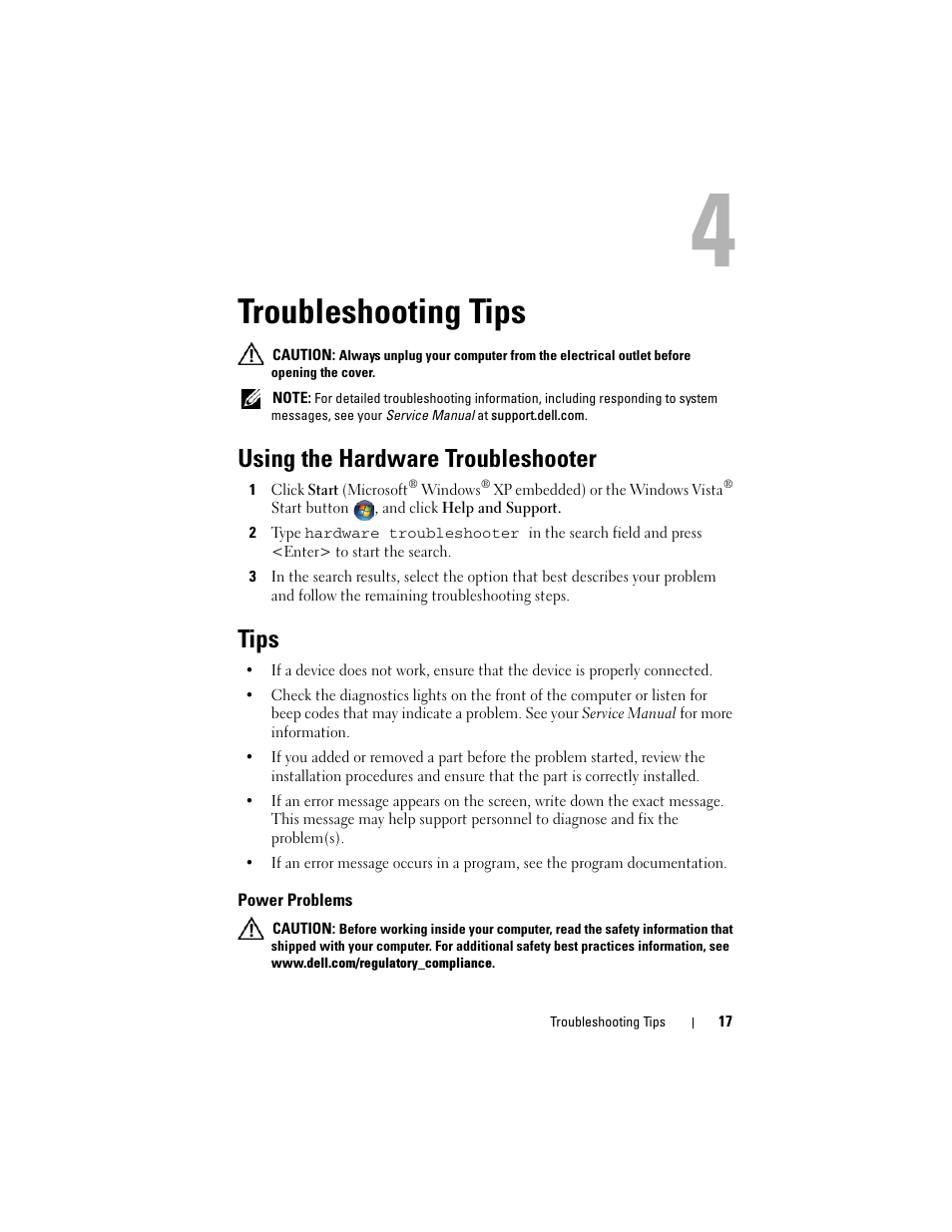 Troubleshooting tips, Using the hardware troubleshooter, Tips | Power problems | Dell OptiPlex FX160 (Late 2008) User Manual | Page 17 / 42