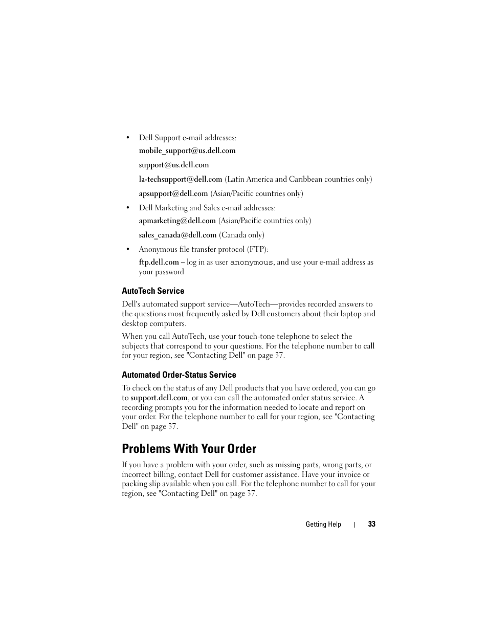 Autotech service, Automated order-status service, Problems with your order | Dell OptiPlex FX160 (Late 2008) User Manual | Page 33 / 42