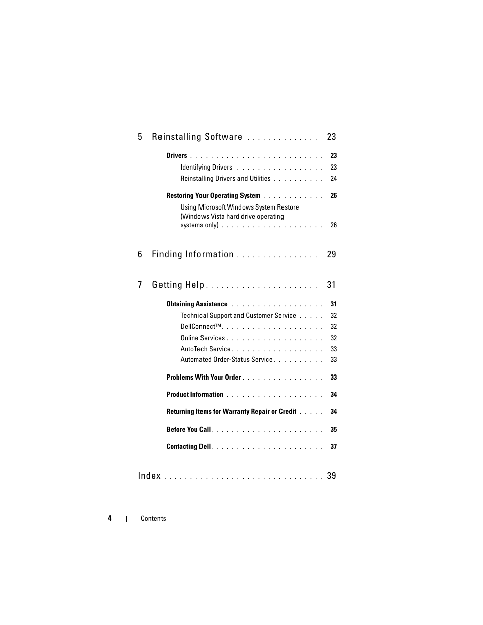 5reinstalling software, 6finding information, 29 7 getting help | Index | Dell OptiPlex FX160 (Late 2008) User Manual | Page 4 / 42