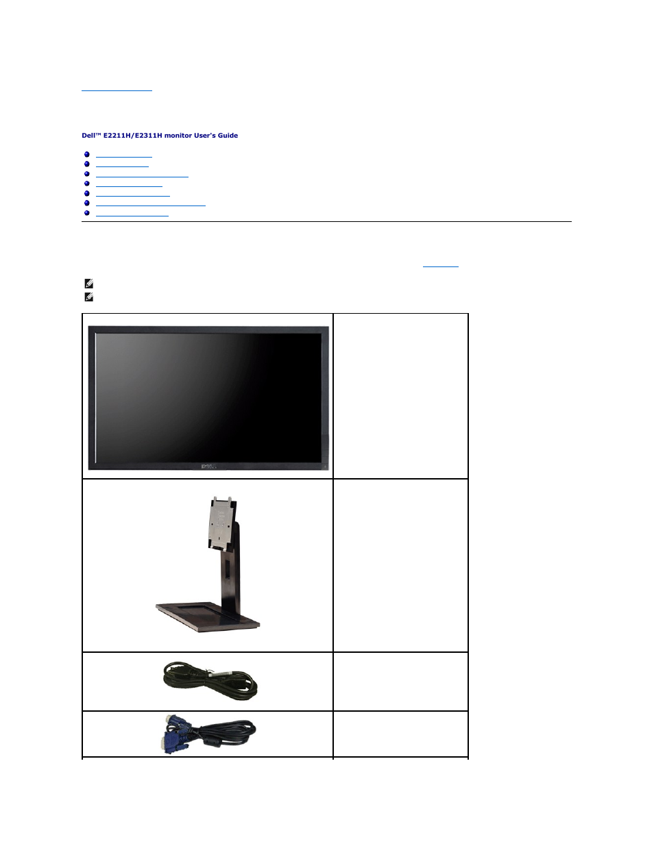About your monitor, Package contents | Dell E2311H Monitor User Manual | Page 2 / 33